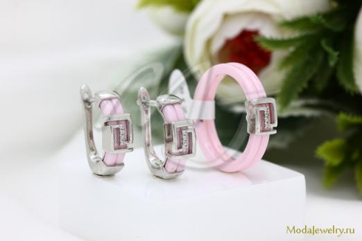 Набор серьги и кольцо керамика розовая CNS19928