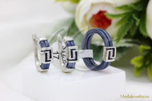 Набор серьги и кольцо керамика синяя CNS19930