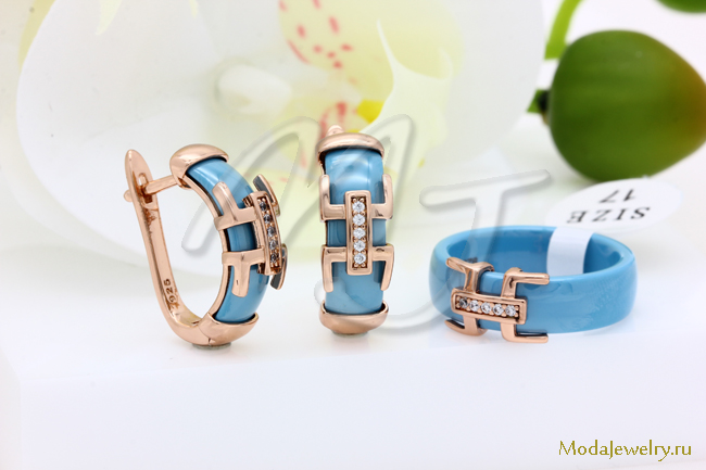 Серьги и кольцо керамика голубая CNS21902