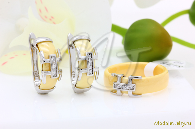 Серьги и кольцо керамика желтая CNS21903
