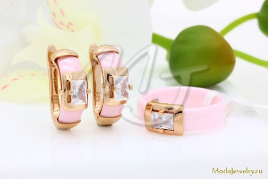 Серьги и кольцо керамика розовая CNS21909