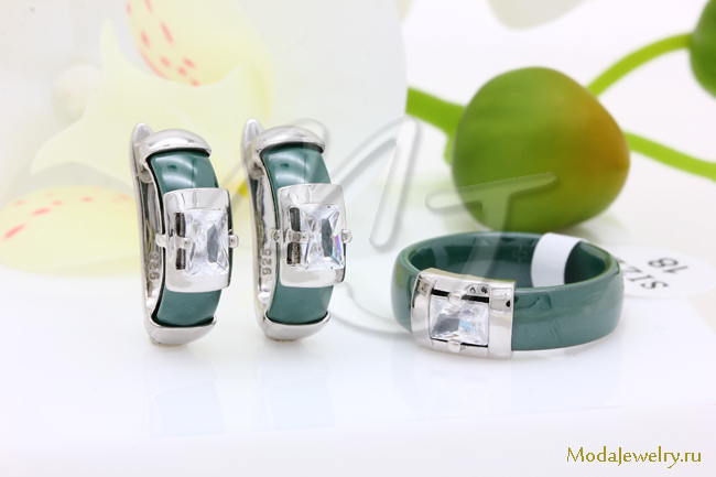 Серьги и кольцо керамика зеленая CNS21910