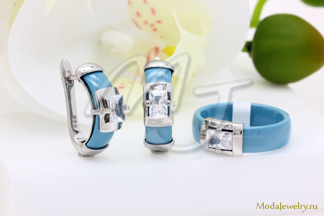 Серьги и кольцо керамика голубая CNS21912