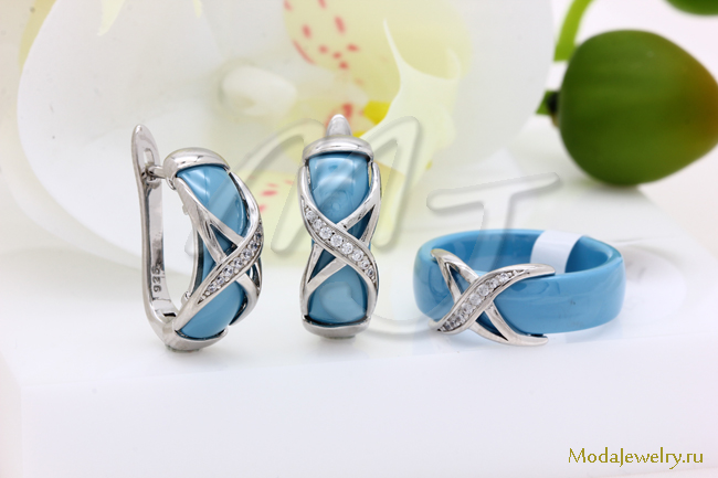Серьги и кольцо голубая керамика CNS21921