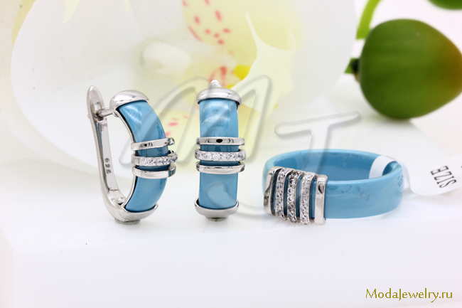 Серьги и кольцо керамика голубая CNS21927