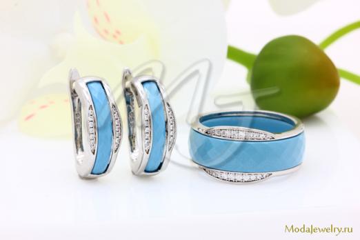 Серьги и кольцо керамика голубая CNS21931