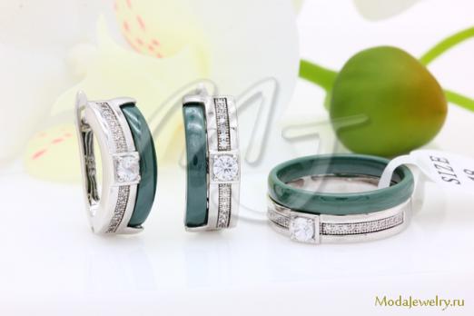 Серьги и кольцо зеленая керамика CNS21933