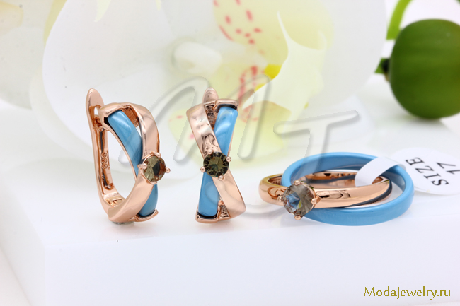 Серьги и кольцо керамика голубая султанит CNS21940