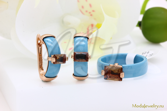 Серьги и кольцо голубая керамика султанит CNS21948