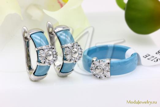 Серьги и кольцо керамика голубая CNS23072