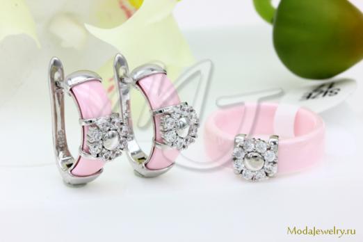 Серьги и кольцо розовая керамика CNS23075