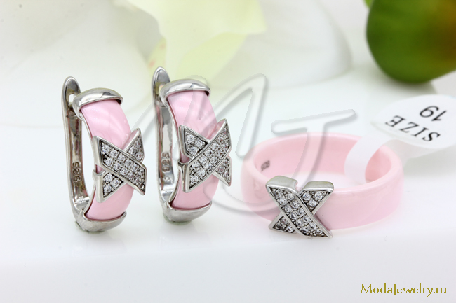 Серьги и кольцо розовая керамика CNS23089