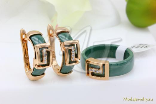 Серьги и кольцо зеленая керамика CNS23450