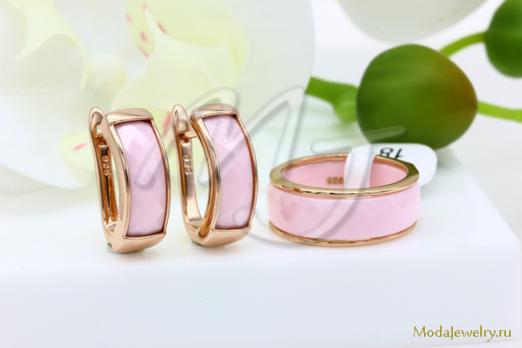 Серьги и кольцо керамика розовая с гранями CNS23478