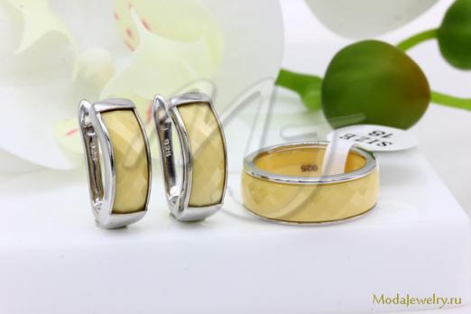 Серьги и кольцо керамика желтая с гранями CNS23480