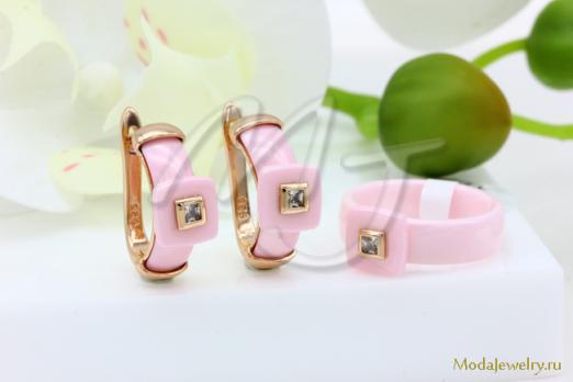 Серьги и кольцо розовая керамика CNS23485