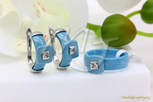 Серьги и кольцо голубая керамика CNS23489