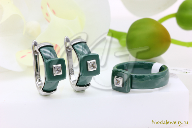 Серьги и кольцо зеленая керамика CNS23490