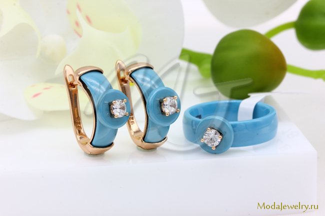 Серьги и кольцо голубая керамика CNS23493