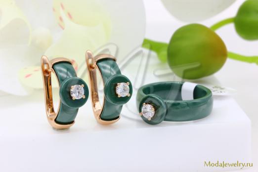 Серьги и кольцо зеленая керамика CNS23498
