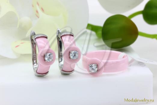 Серьги и кольцо розовая керамика CNS23499