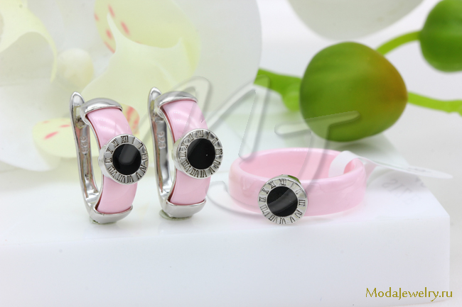 Серьги и кольцо керамика розовая CNS23502