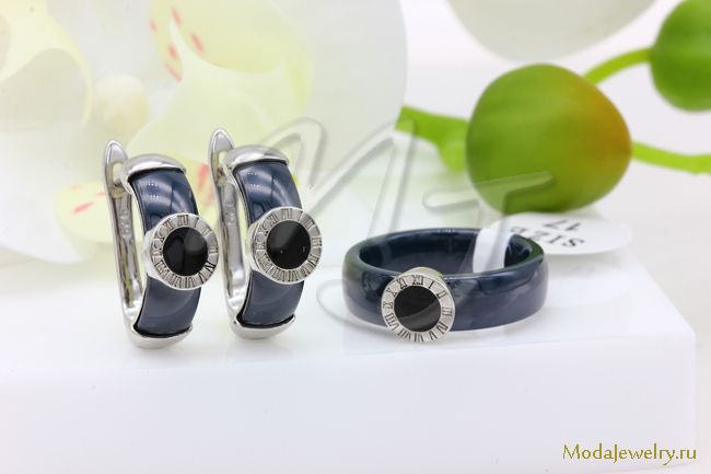 Серьги и кольцо керамика темно-синий CNS23507