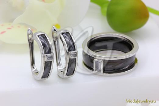Серьги и кольцо черная керамика CN23675