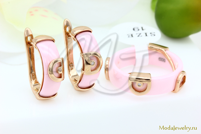 Серьги и кольцо керамика розовая CNS26082