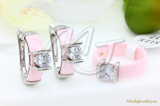 Серьги и кольцо керамика розовая с огранкой CNS26088