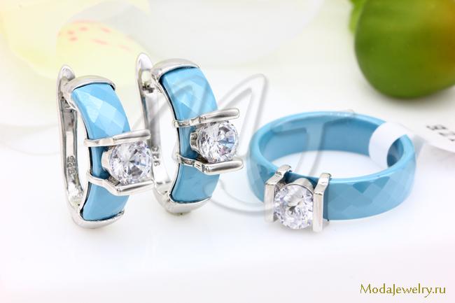 Серьги и кольцо керамика голубая с огранкой CNS26089