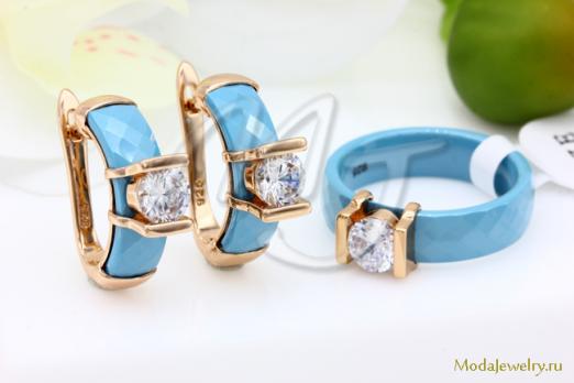 Серьги и кольцо керамика голубая с огранкой CNS26089