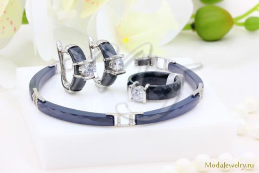 Гарнитур керамический синий серьги,кольцо и браслет CNS26099