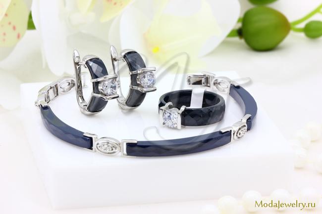 Гарнитур керамический синий серьги,кольцо и браслет CNS26100