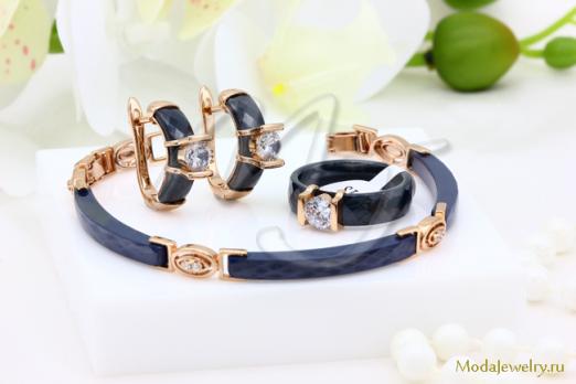 Гарнитур керамический синий серьги,кольцо и браслет CNS26101