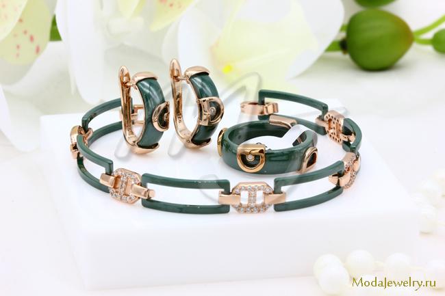 Серьги,кольцо и браслет керамика зеленая CNS26102