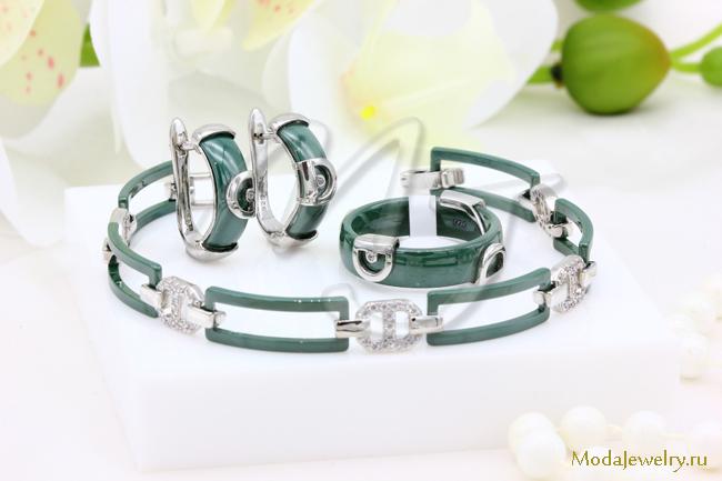 Серьги,кольцо и браслет керамика зеленая CNS26103