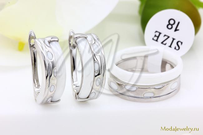 Серьги и кольцо белая керамика CN29096