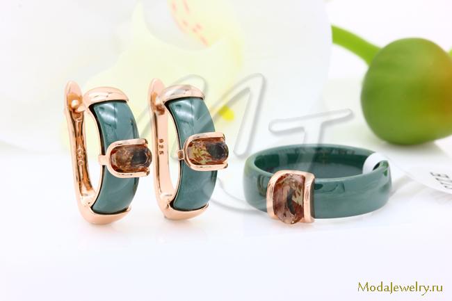 Серьги и кольцо керамика зеленая султанит CNS29308