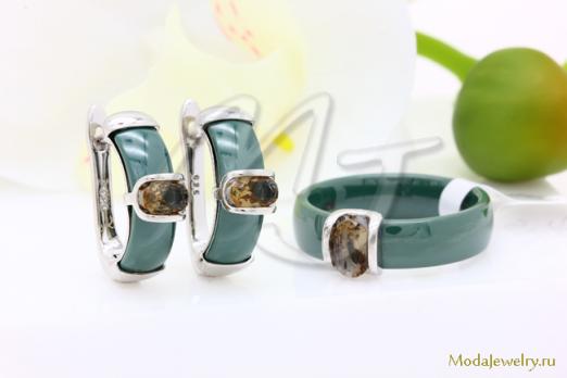 Серьги и кольцо керамика зеленая султанит CNS29308