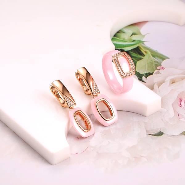 Серьги и кольцо керамика розовая CN31039