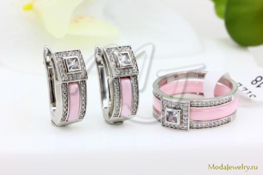 Серьги и кольцо керамика розовая CN31044