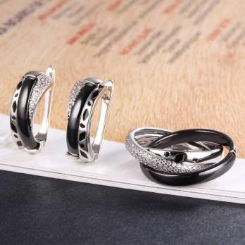 Серьги и кольцо черная керамика CN31050