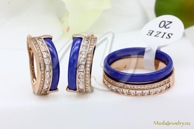 Серьги и кольцо синяя керамика CNS31161