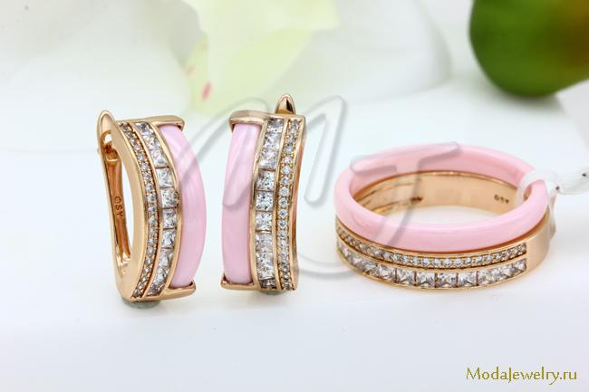 Серьги и кольцо розовая керамика CNS31164