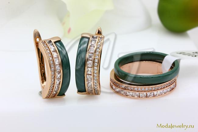 Серьги и кольцо зеленая керамика CNS31165