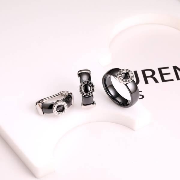 Серьги и кольцо керамика черная "Часики" CN32248