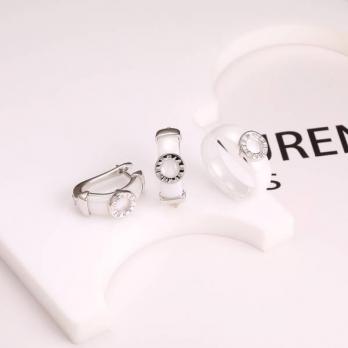 Серьги и кольцо керамика белая "Часики" CN32249