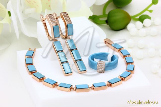 Серьги,кольцо и браслет голубая керамика CNS32410