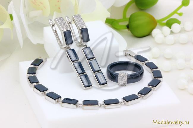 Серьги,кольцо и браслет синяя керамика CNS32415